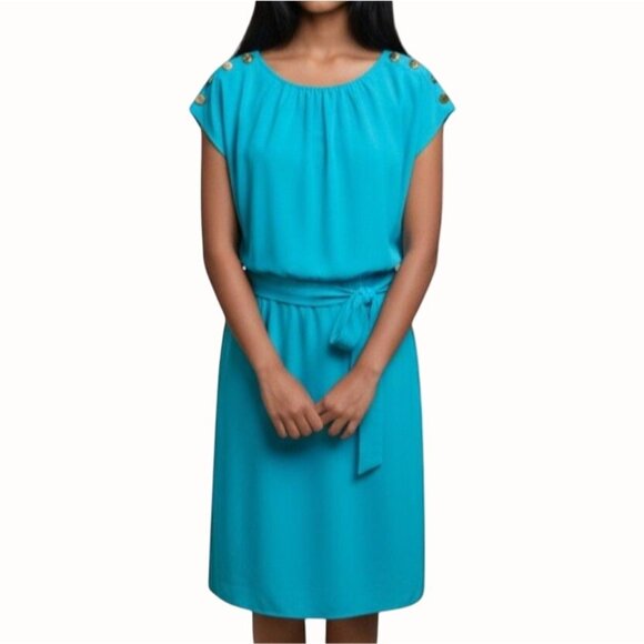Guess Turquoise Belted Mini Dress 4 Gold Button Shoulder Cap Sleeve Summer Chic - Picture 1 of 8